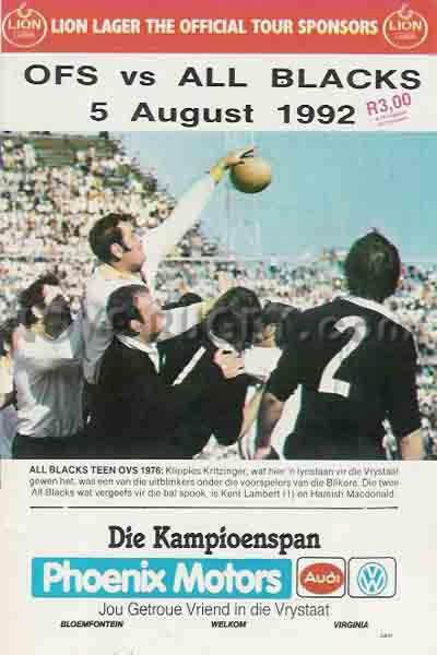 1992 Orange Free State v New Zealand  Rugby Programme